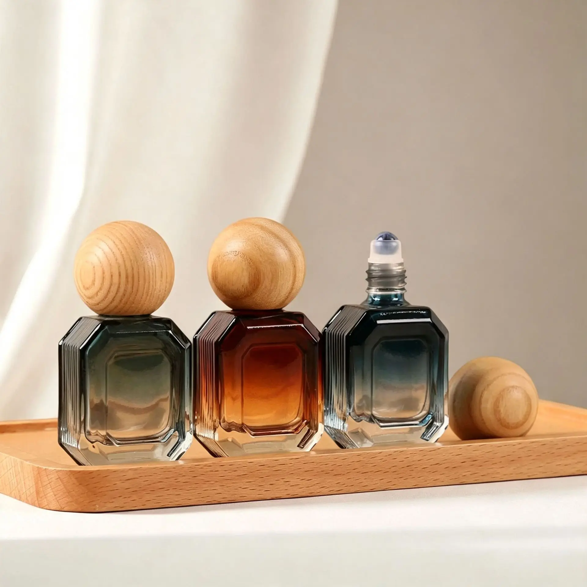 10ml Empty Octagon Glass Roller Bottle with Wooden Ball Cap Refillable Perfume Roll On Container for Essential Oil