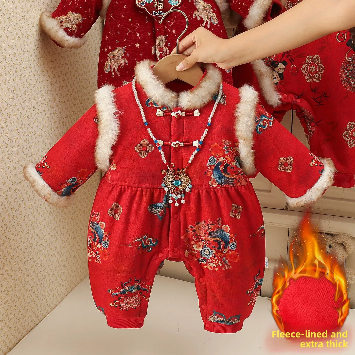 ชุดฉลองปีใหม่สำหรับเด็กทารกหญิง แขนยาว ผ้าโพลีเอสเตอร์ อุ่นสบาย สำหรับฤดูหนาว รุ่น Baby Winter Rer Fce Lined  สำหรับงานวันเกิด