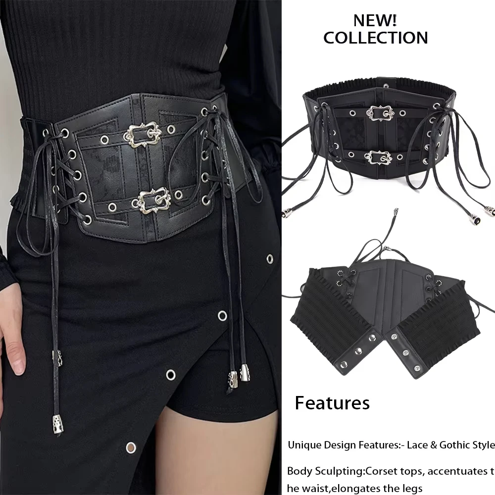 Cinture corsetto retrò da donna Fibbia ad ardiglione Pizzo elastico e fascia da smoking in stile gotico Corda da annodare Goth Punk per le donne sulla cintura da abito a camicia