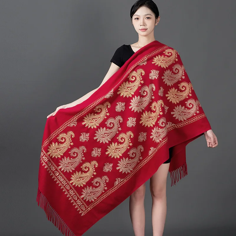 Pashmina de Cachemira bordada para mujer, Bufanda gruesa y cálida de Cachemira, chal con borlas, manta, envolturas Mejur, Invierno
