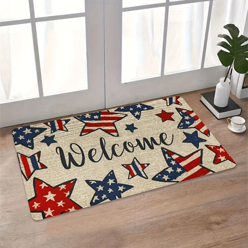 1pc Flannel Material Door Mat, Flannel Rectangular Entrance Rug + 10mm Thickness + 500g/㎡, Patriotic American Flag Stars Welcome Mat - Independence Day and