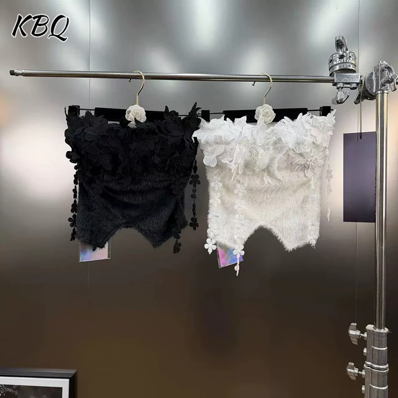 

KBQ Solid Spliced 3D Flower Slimming Short Vests for Women Strapless Sleeveless Patchwork Flocking Design Sense Vest Female New