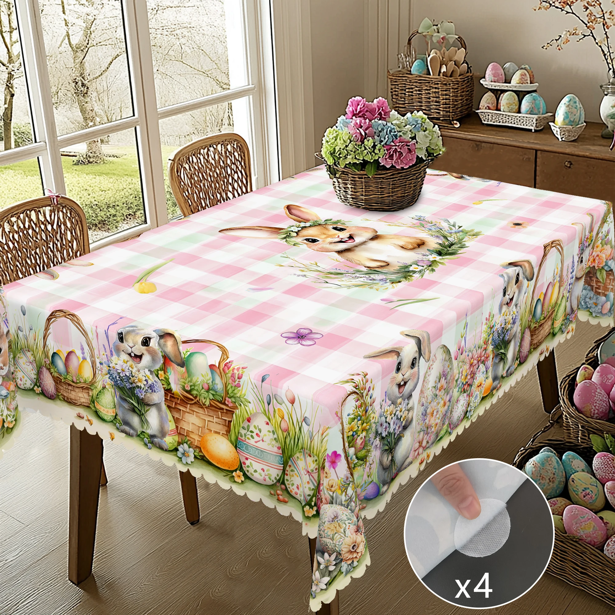 1 Easter Round Tablecloth, 5 Sizes Available, Tulip Easter Bunny Egg Plaid Printed Square Tablecloth, Edge Embossing Process, Spring Garden