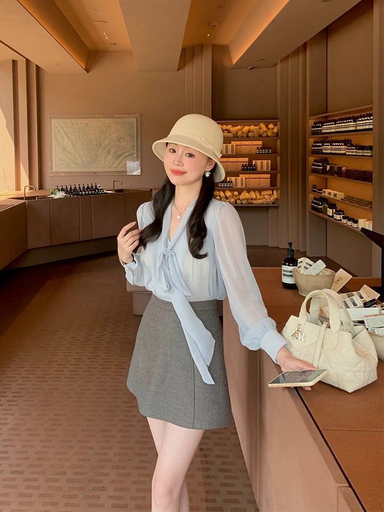 

Шифоновая блузка с V-образным вырезом и бантом, женская, легкая, в корейском стиле, свободного кроя, с длинными рукавами, осенняя, из полиэфирного волокна