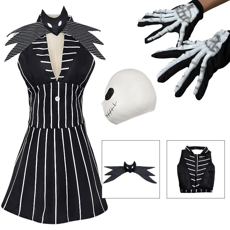 Navidad aterrador calavera Cosplay vestido gótico negro blanco raya disfraz máscara fantasma pesadilla traje Horror Skel disfraz halloweenoweee