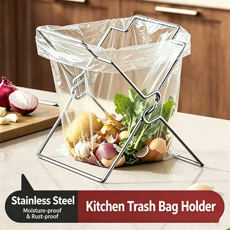Collapsible Stainless Steel Garbage Bag Holder, Kitchen Countertop Trash Bag Support Rack, Portable Storage Organizer Stand