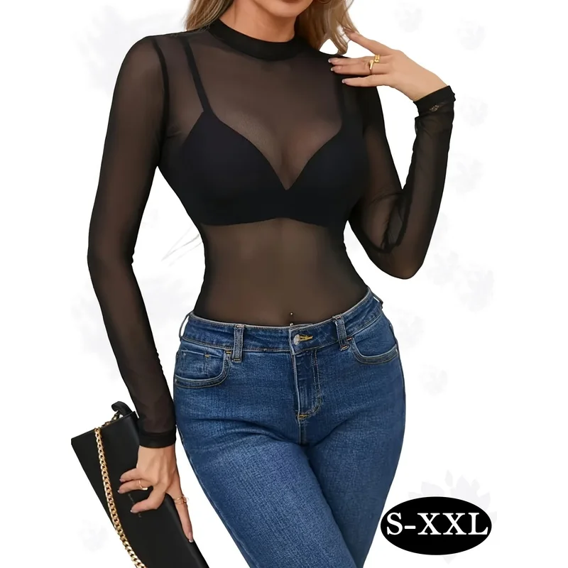 Long Sleeve Mesh Lace High Neck Sheer Top, Women's Sheer Base Layer Shirt, All-Season Semi-Transparent-Shirt, Versatile