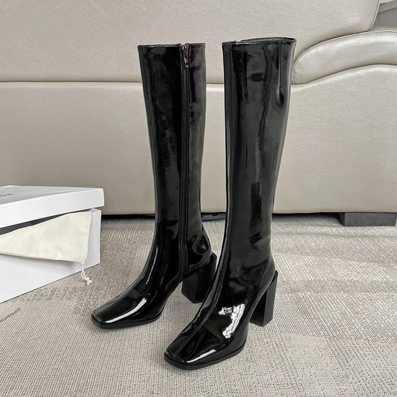 Comemore Women Mid Calf Boots Fashion Candy Color Zipper Goth Ladies Shoes Patent Leather Long Boot Luxury Designer High Heels