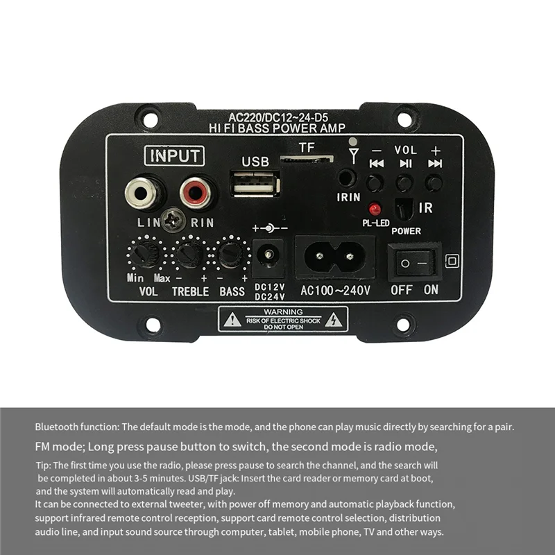 12V 24V Bluetooth Amplifier Board HIFI Bass Amplifier Board FM Subwoofer 30-120W for 10Inch Subwoofer Speaker(US Plug)