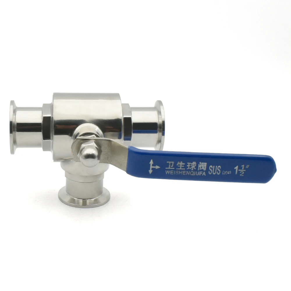 19/25/32/38/45/51mm SS304/316L Stainless Steel Sanitary Grade T-shaped Three-way Ball Valve, T/L Port Ring Type OD50.5/64mm