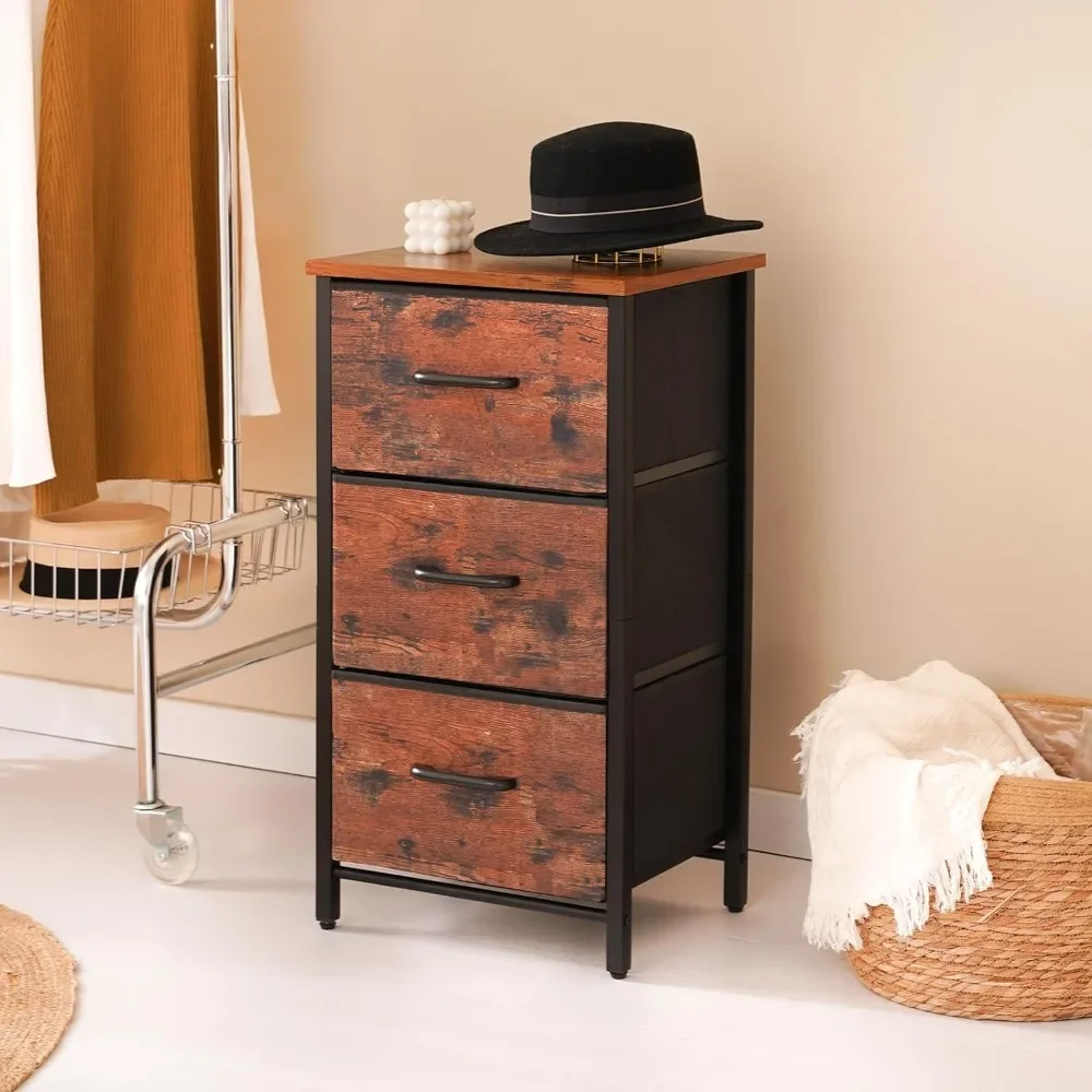 Nightstand with 3 Fabric Drawers, Dresser for Bedroom Storage Drawer Tower, Small End Table Bedside Furniture Dressers & Chests