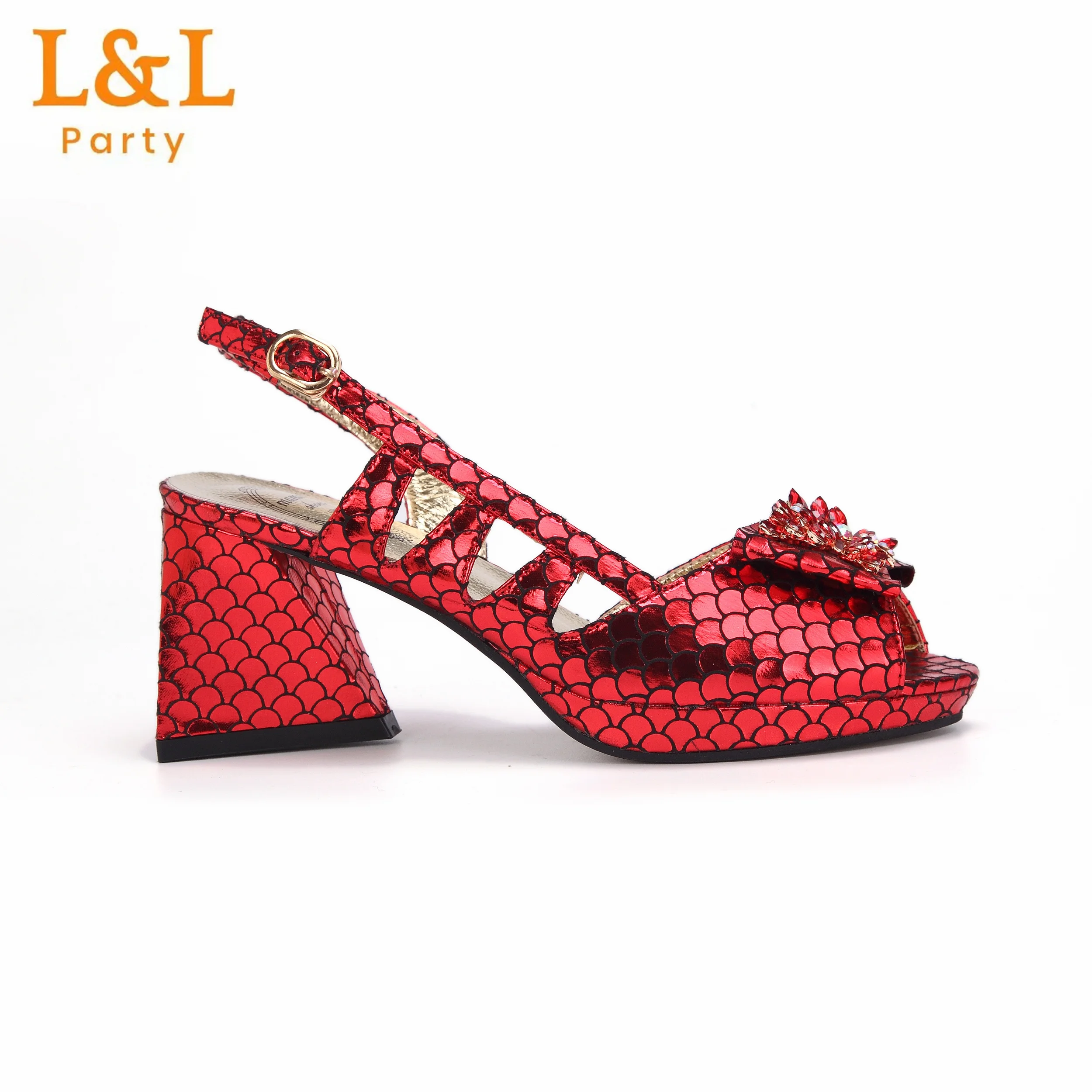 2024 High Quality Peep Toe Fishscale Design Shoes Matching Bag Set in Red Color For Nigerian Women Wedding Party