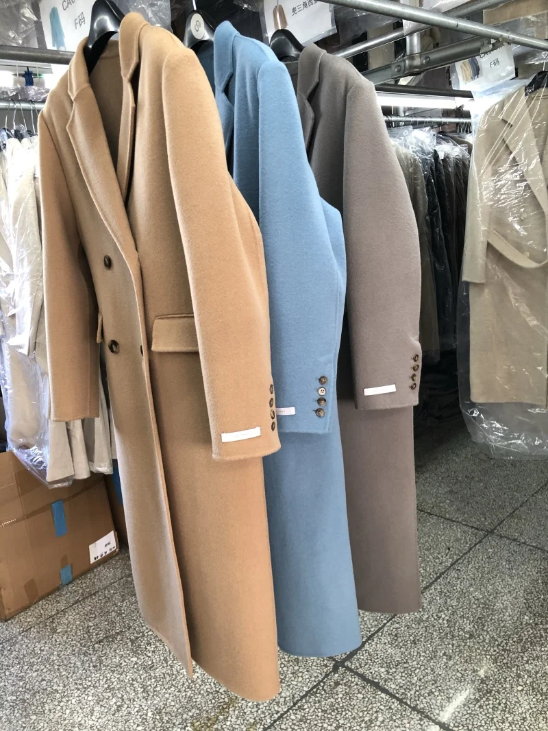 Korean Fashion Double Breasted Long Wool Shoulder Pad Blue Coat Women Elegant Beige Autumn Winter Jacket Long Beautiful