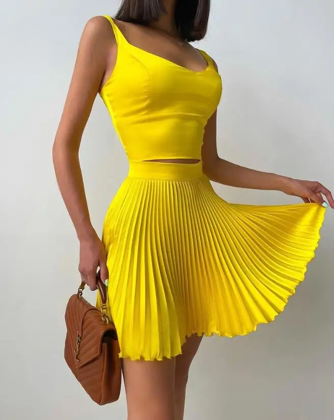 Women's 2PCS Satin Summer Fashion Sweet Solid Color V-Neck Sleeveless Zipper Crop Tank Top and High Waist Mini Pleated Skirt Set