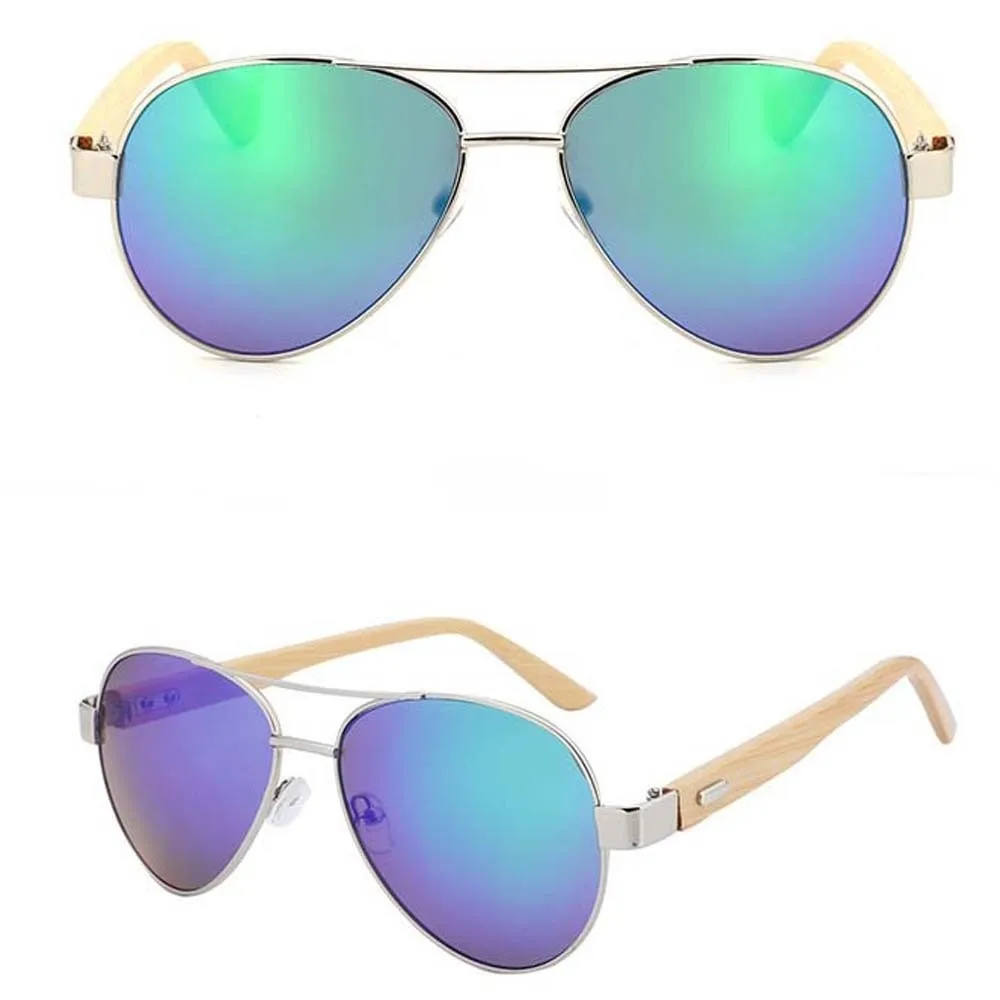 Bamboo Wood Temple Double Bridge Shades Metal Front Frame Mosaic Color Legs Big Frame Sunglasses Sturdy Hinge Anti Glare Coating