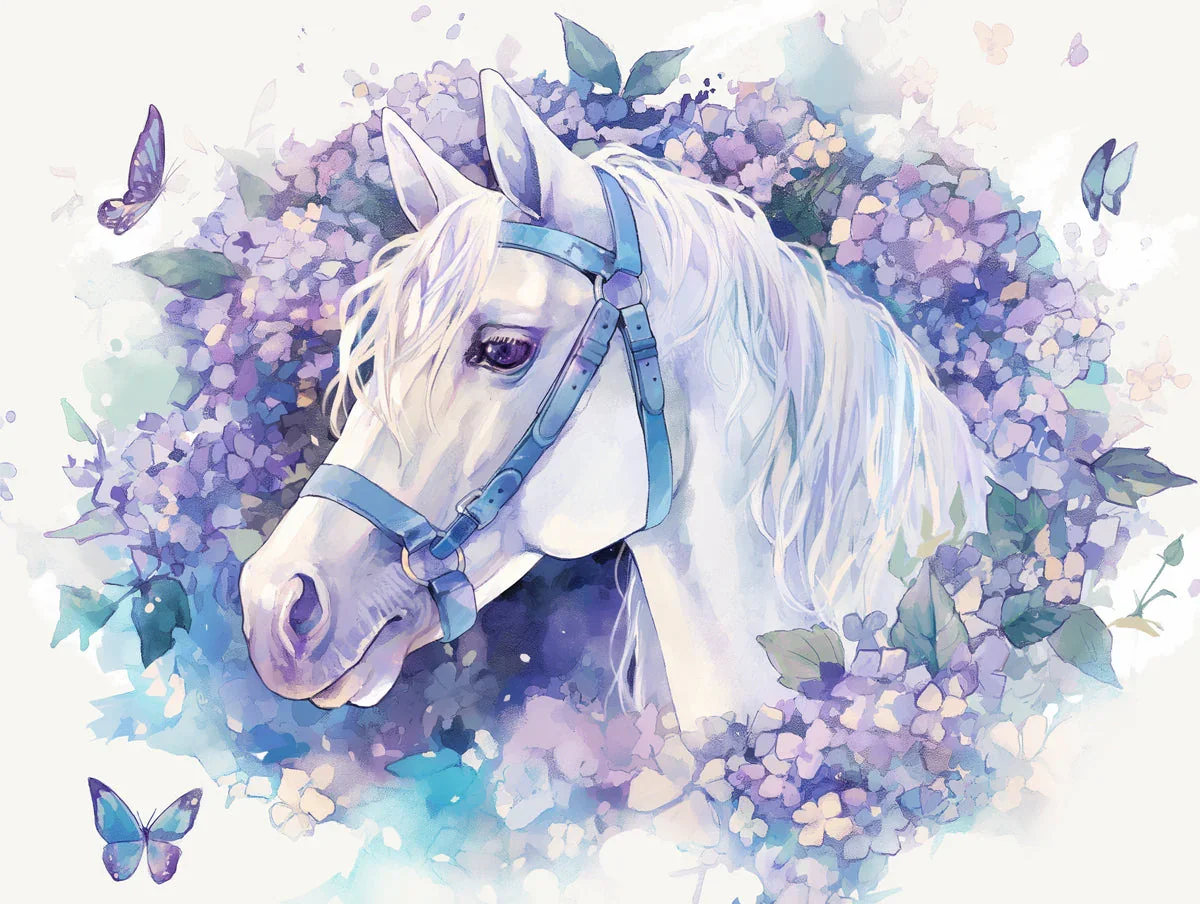 Horse and Floral Mural Wallpaper girl's bedroom Purple, Blue and White Horse Custom Peel and stick wallpaper