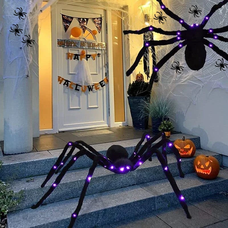 Halloween Decoration Giant Black Plush Spider with Spider Web Scary Outdoor Prank Trick Supplies Party Haunted House Horror Prop