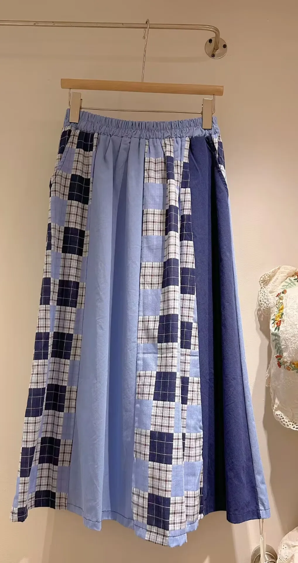 

Mori Girl Style Sweet Cotton Plaid Patchwork Long Skirts For Women Spring Summer Original Skirts