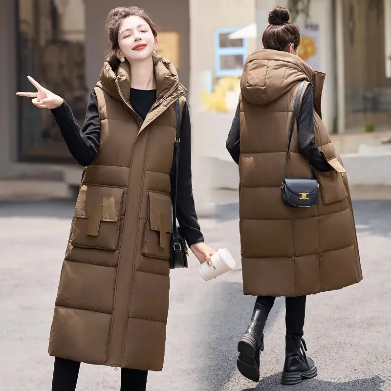 

2024 New Long Winter Sleeveless Hooded Down Cotton Vest Jacket Women High-quality Thicke Warm Parkas Female Waistcoat Outwear