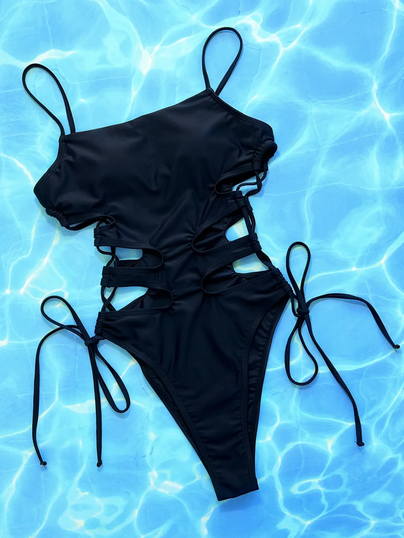 Traje de baño sexy con vendaje lateral negro de una pieza, bikinis con lazo calado, trajes de baño, bikini para mujer, trajes de baño tankini trikini