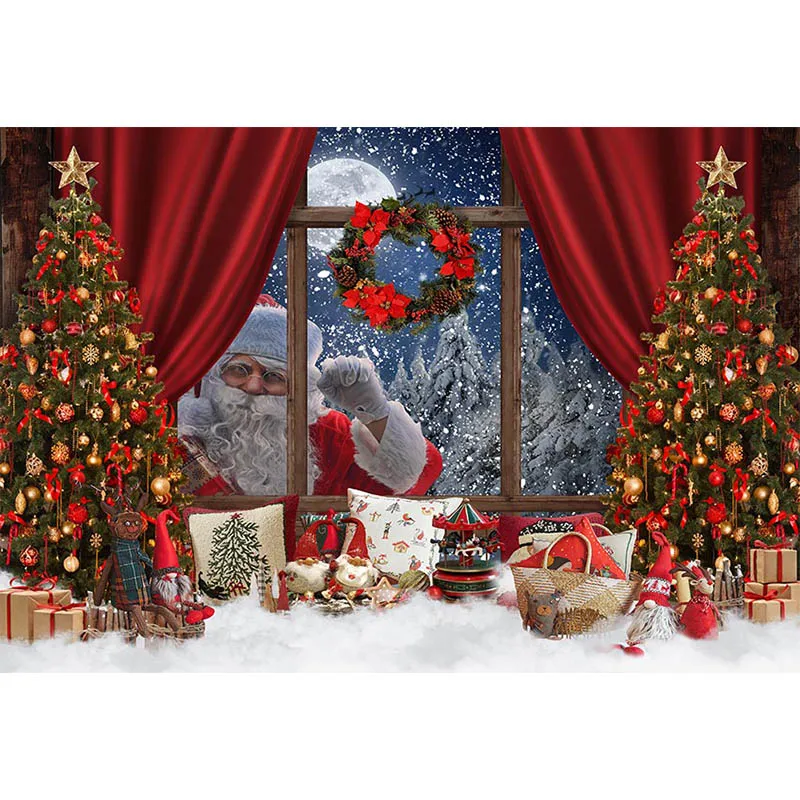 크리스마스 배경 사진 창 산타 클로스 트리 화환, 가족 휴일 초상화 장식, 배경 스튜디오 포토콜