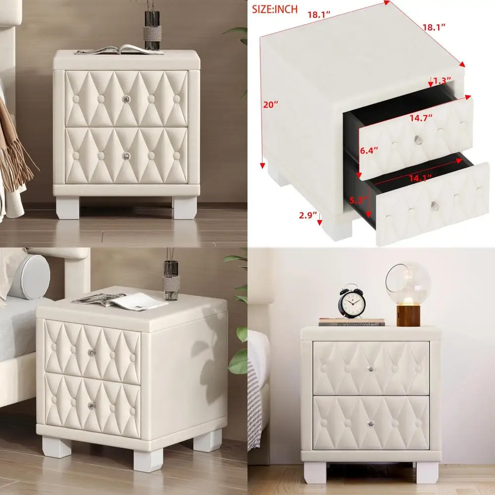 منضدة مخملية ذات درجين مع سطح معنقدة بأزرار ومقبض كريستالي لتخزين غرفة النوم وغرفة المعيشة #1