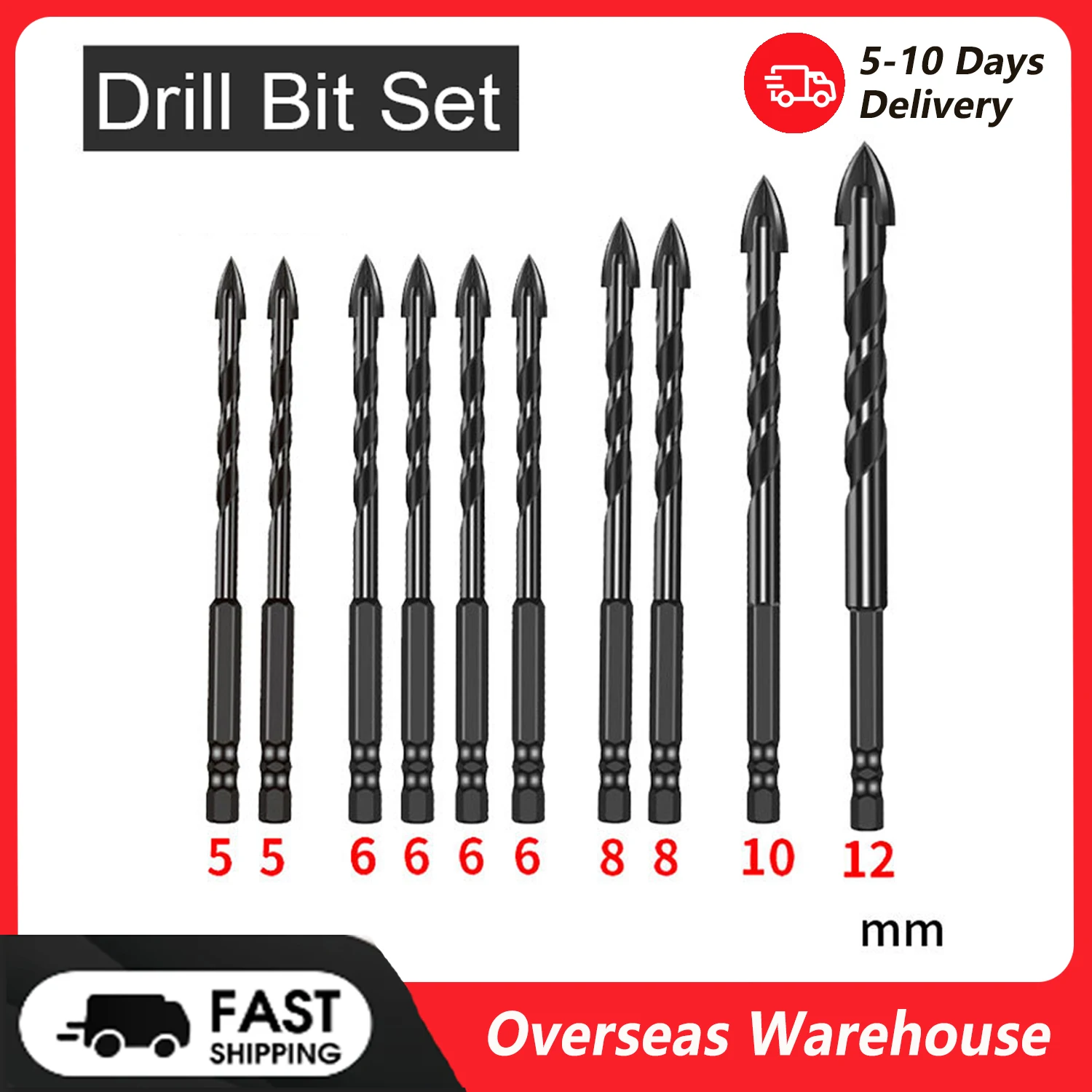 10PCS YG8 Carbide Four-edged Crossdrill Bit Set Marble Ceramic Tile Wall Brick Holes Drilling Wet-and-dry Use Hole Punching Tool