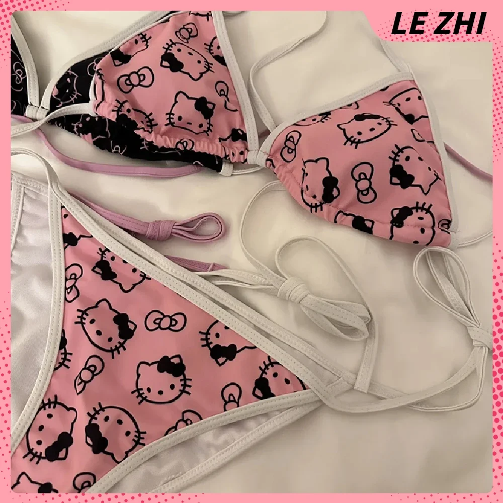 Summer Day Sanrio Hello Kitty Cartoon Pajama Bikini Set Y2K Suits Womens Sleep Bottoms Lounge Home Wear Beachwear Two-Piece