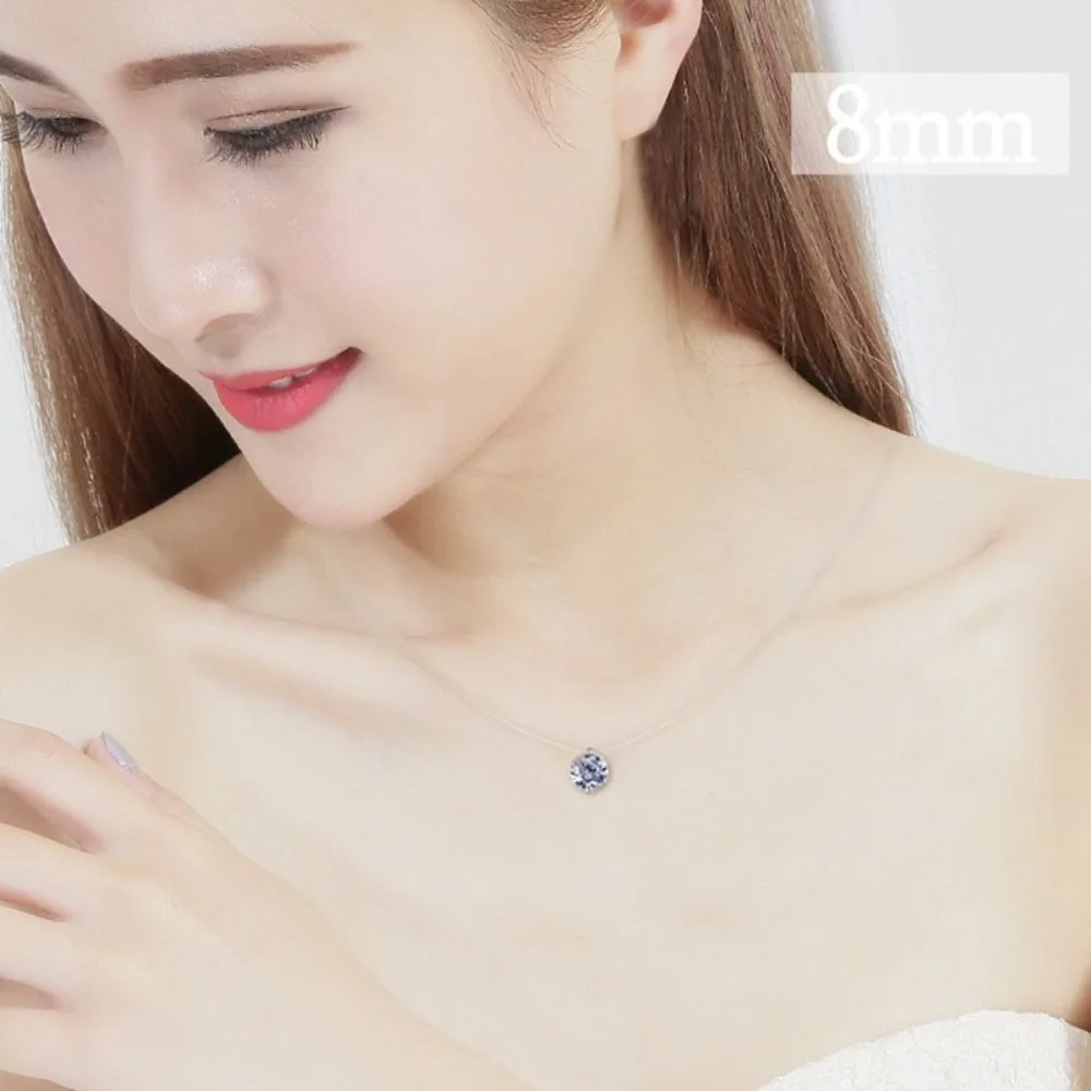 Collar con colgante de circón de plata S925, cadena Invisible de 6mm y 8mm para sedal de pesca, gargantilla de hilo de pescar solitario con diamantes de imitación ostentosos transparentes para uso diario