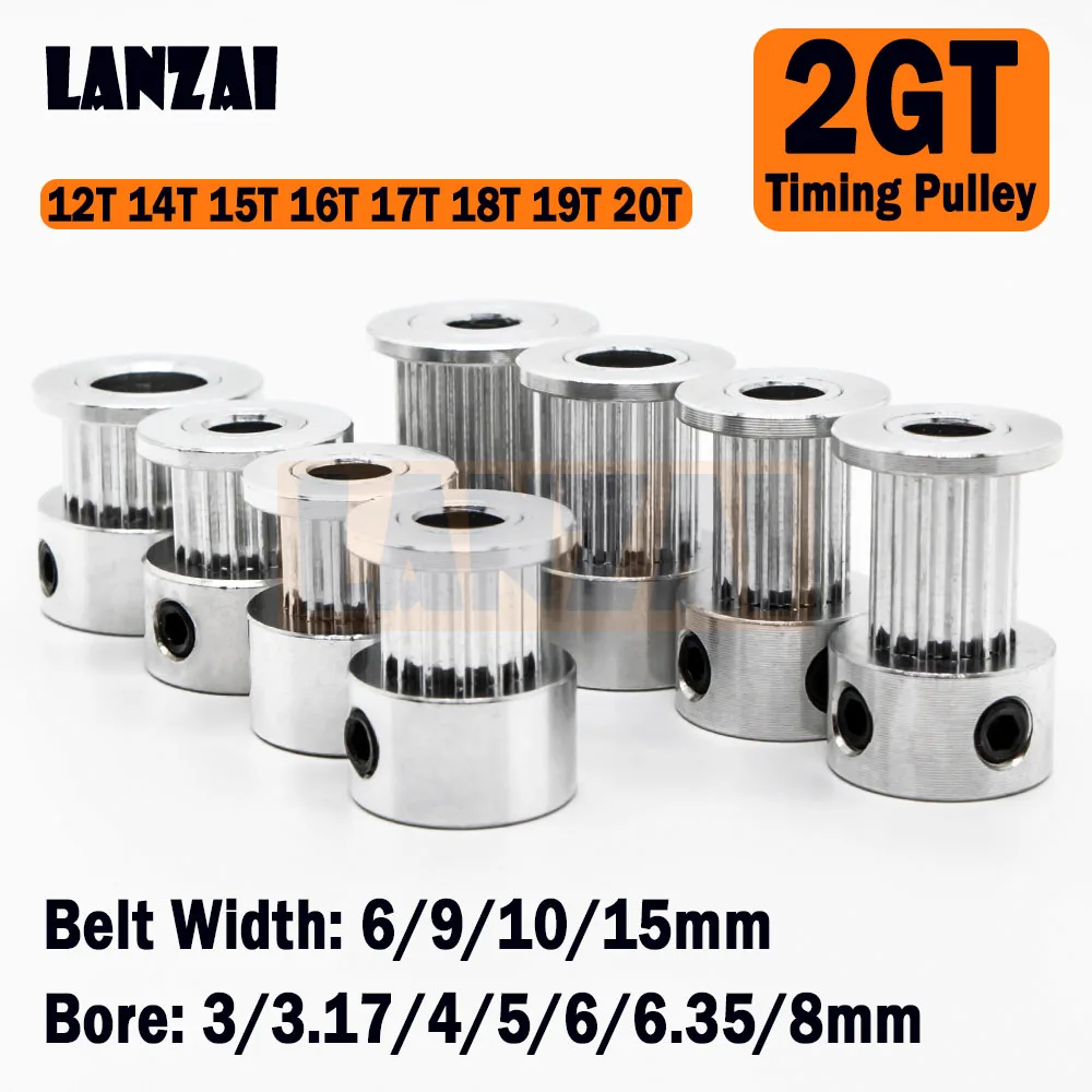 LANZAI Aluminium 2GT Timing Pulley 20Teeth Bore 3~8mm Belt Width 6~15mm for 3D Printer 12T 14T 15T 16T 17T 18T 19T 20T K Type