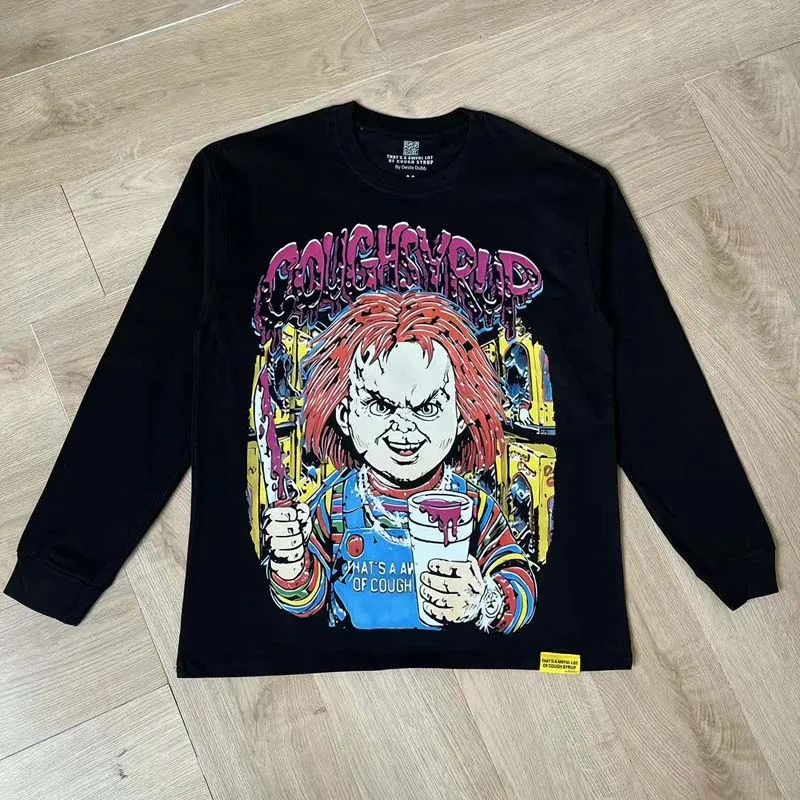 Street Style Black Oversized THAT'S A AWFUL LOT OF COUGH SYRUP Long Sleeve Tees Front Back Graphic Print Fashion Crew Neck Tops