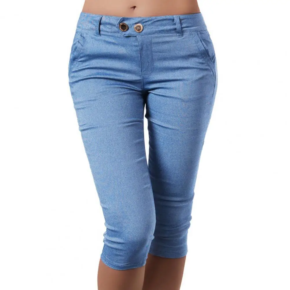 M-3XL Women Pencil Pants Solid Color Pocket Button Skinny Calf Length Summer Slim fitting Ladies Pants