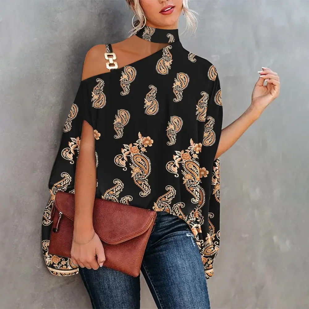 Sexy Halter Loose Blouse Tops Women\'s Elegant Print Off Shoulder Batwing Sleeve Pullover Shirt 2023 Summer Fashion Streetwear