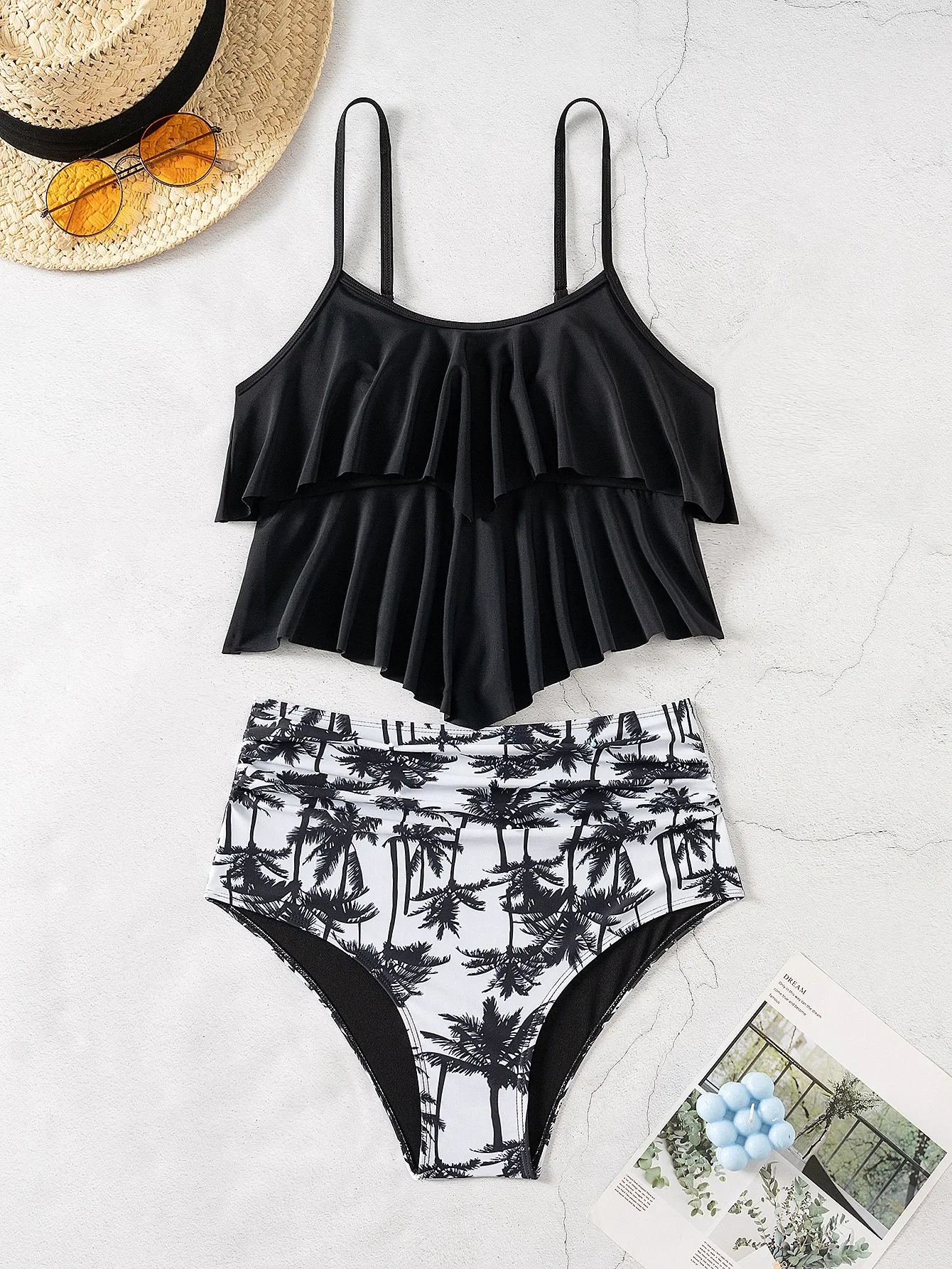 Black Big Ruffle Two Piece Suspender Swimsuit for Women High Waist Print Bikini Set Sexy Backless Bathing Suit Swimwear 2024 New