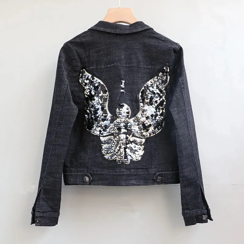 Korean Elastic Denim Jacket Women's 2024 Spring New Fashion Slim Embroidered Sequin Long sleeved Coat Female Cowboy Short Tops - Image 5