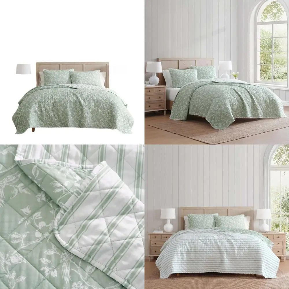 

100% Cotton Floral Twin Quilt Set with Pillowcase for Year-Round Comfort, Green French Bird Design