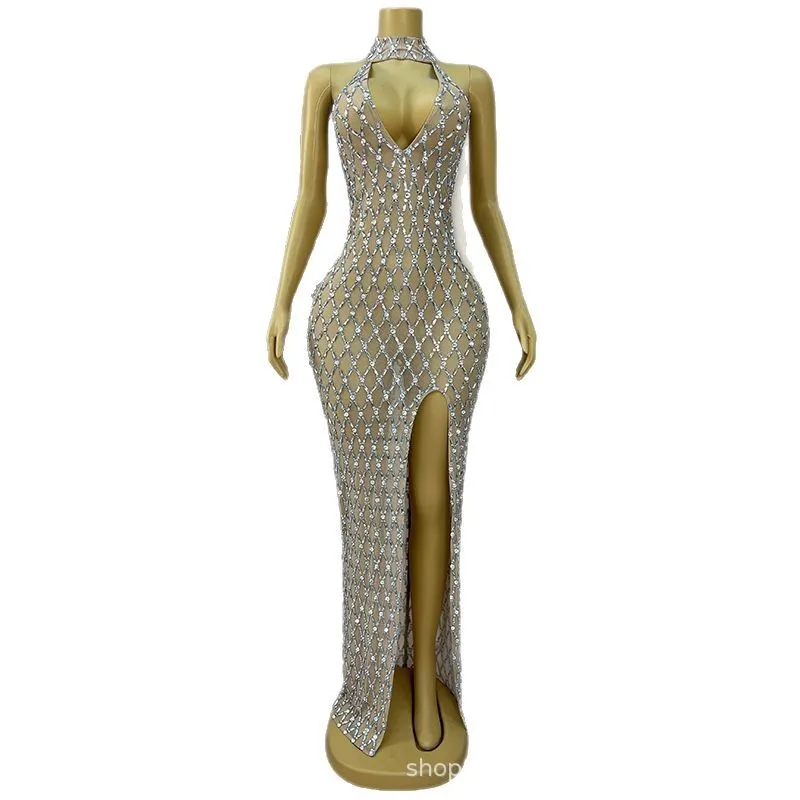 Sexy Deep V Vacation Temperament Halter Dress Cocktail Party Evening Dress Model Catwalk Trendy Clothes Vestidos Para Graduación