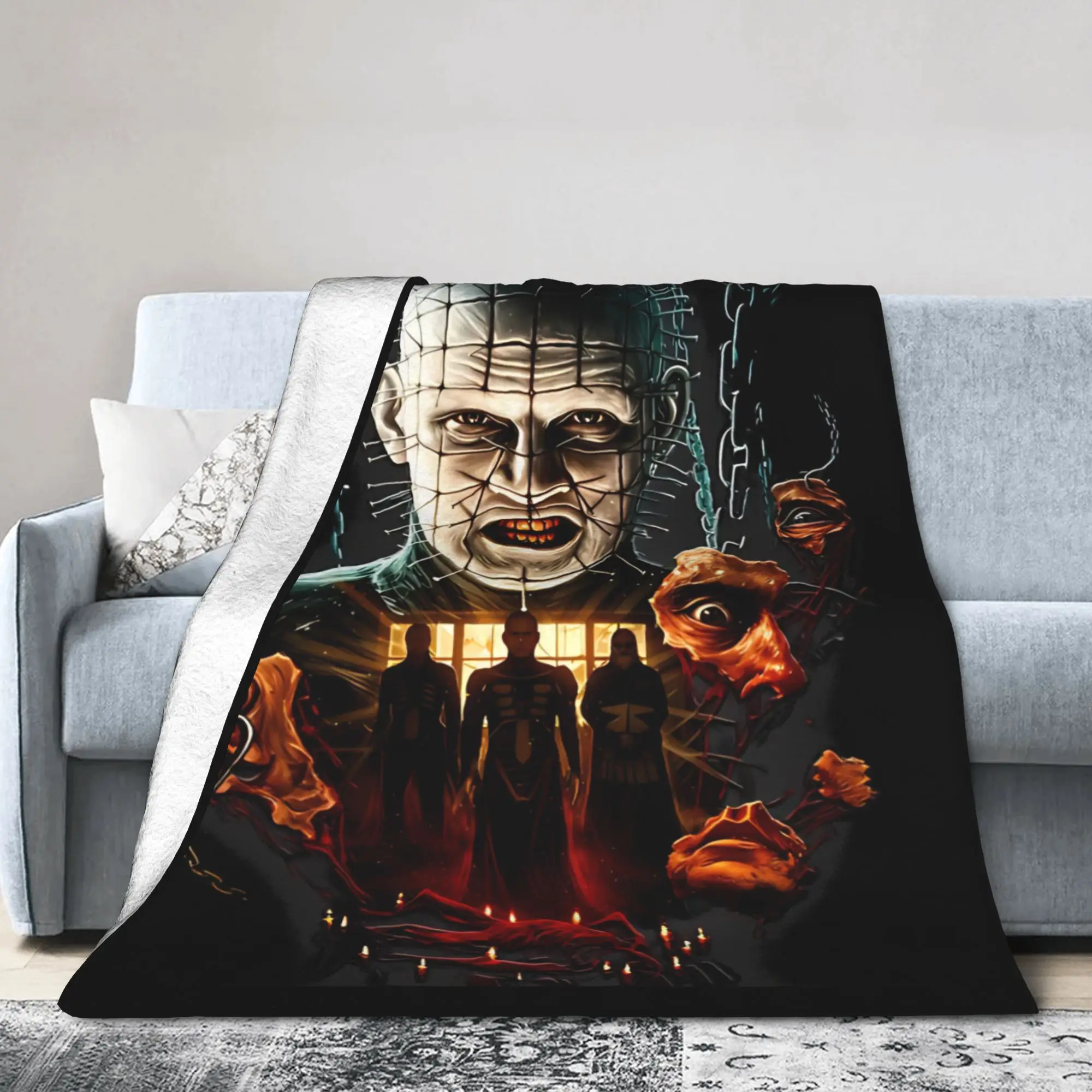 Horror Pinhead Movie Knitted Blanket Fleece Hellraisers Soft Throw Blankets for Car Sofa Couch Bedroom Quilt