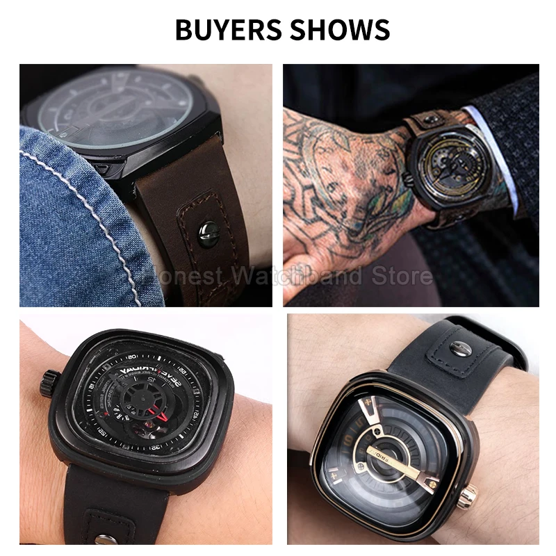 Pulseira de relógio de couro 28mm para SevenFriday B-01 P2 M3 Q1 Elasticidade respirável Resistente a manchas Pulseira de couro genuíno Bown Black