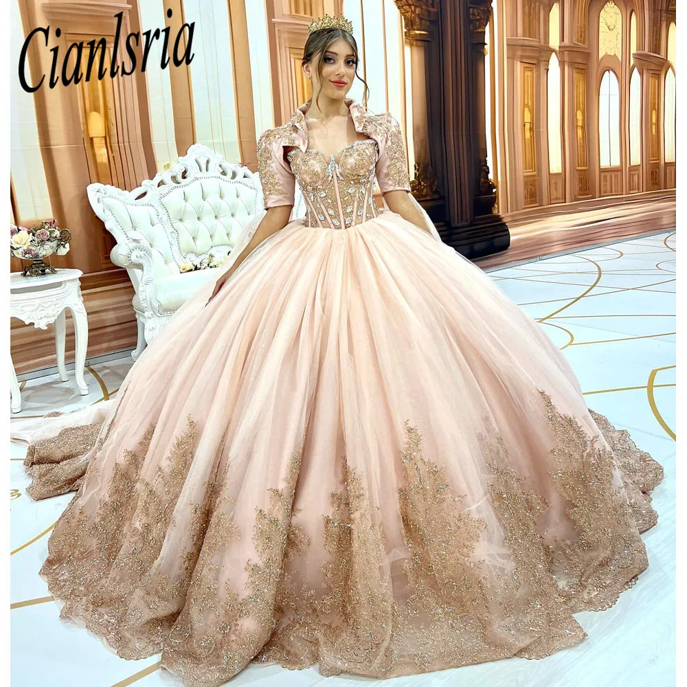 Luxury Blush Pink Quinceanera Dresses With Wrap Sparkly Beaded Sequins  Corset Puffy Skirt Princess Debutante Dress for 15 years