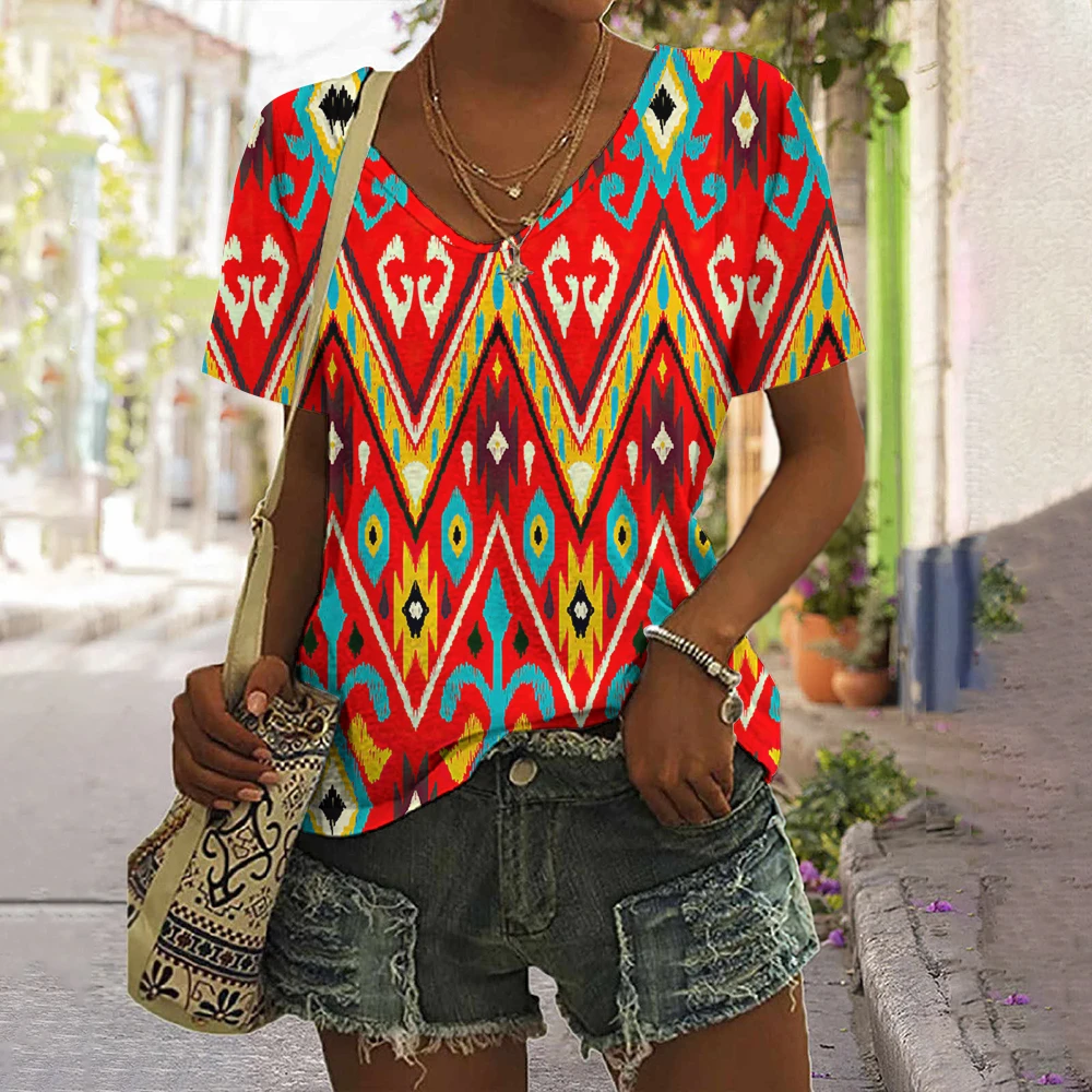 Summer T Shirt For Women 3d Colorful Geometric Print V Neck Short Sleeve Basic Tops Streetwear Fashion Oversized Female Clothing