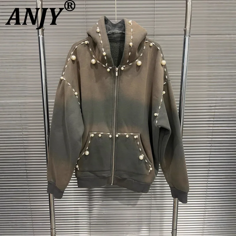 

ANJY 2025 Autumn Winter New Women Fashion Hooded Pearl Lazy Style Denim Jacket Trendy Ins Niche Versatile Streetwear Coat A15308