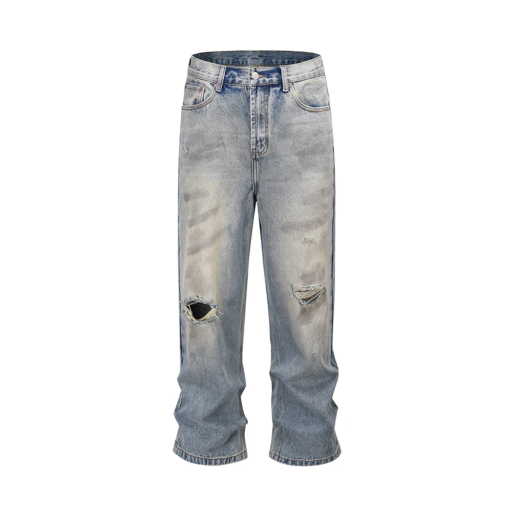 

Damaged Washed Blue Baggy Jeans for Men Straight Hole Distressed Casual Cargo Pants Frayed Streetwear Denim Trousers Oversized