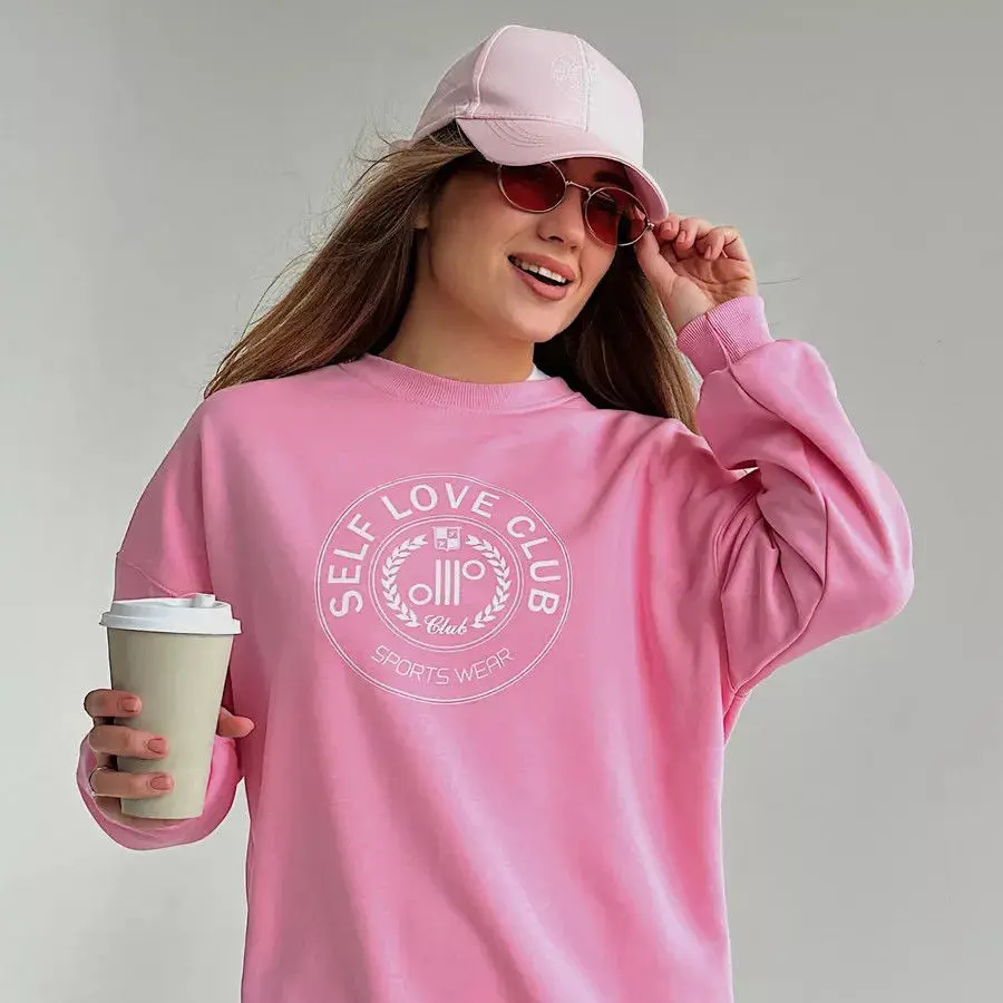 Bluza z nadrukiem Amerykański Klub Samopoczucia, okrągły dekolt, oversize, 6 kolorów, różowa, szara, dla par, moda uliczna, jesienna bluza