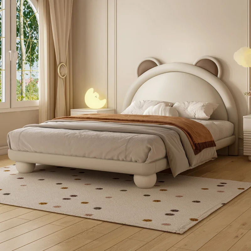 Children's furniture Children's bed Boys Teen Solid wood leather bed Cartoon bear room bed