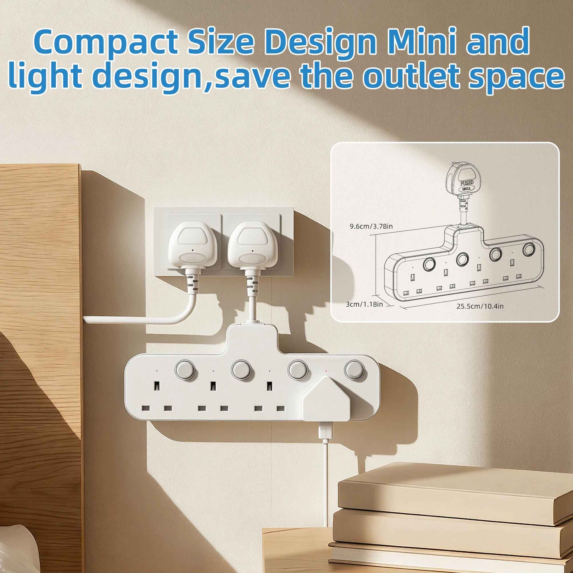 4-in-1 Uk Plug Adapter, Wall-Mounted Socket Extender, Suitable for Home and Office Environments; Features Overcurrent Protection, Independent Switch Design Power Strip; 4-Way Ac Socket, 2cm Extension Cord Power Outlets, Suitable for the Uk Region