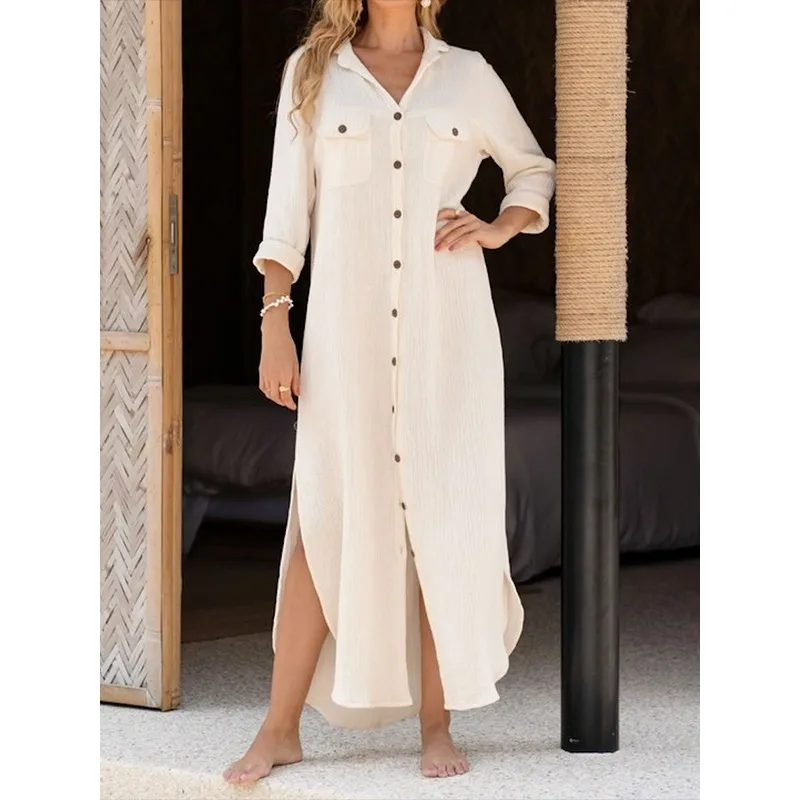 المشمش سبليت الجانب فساتين طويلة للنساء 2025 فضفاضة تناسب تقسم زر جيوب التلبيب كم طويل قمصان بسيطة فستان 180258 #5