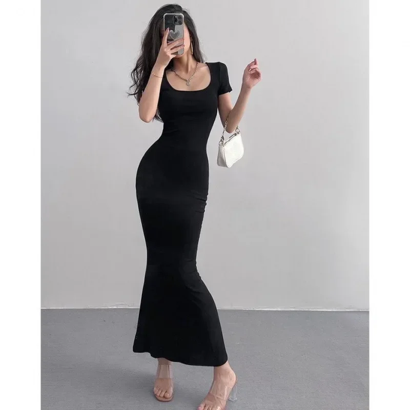 

2025 New Summer Solid Slim Sexy Dress Women Short Sleeve Skinny Bodycon Maxi Dresses Woman Korean Party Vestidos Mujer Y2k Dress