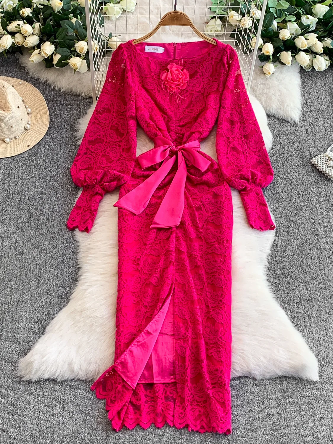 Ele Lace Lantern Sve Wedding Dr Women's Autumn Belted Long Dr High Waist A-Line Skirt Formal Ocn Dr