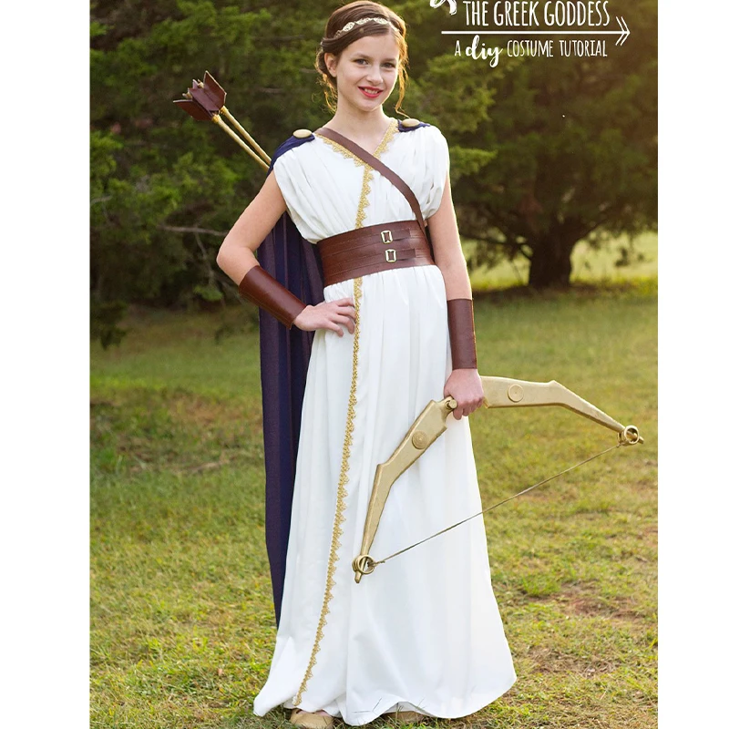 Kids White Roman Gladiator Fancy Dress Up For Purim Carnival Cosplay Athena Greek Goddess Costume For Girls